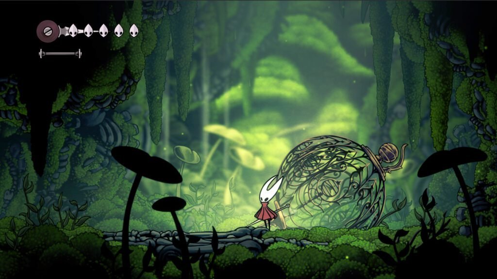 A lone character with needle weapon stands beside an ornate cage in a lush underground forest