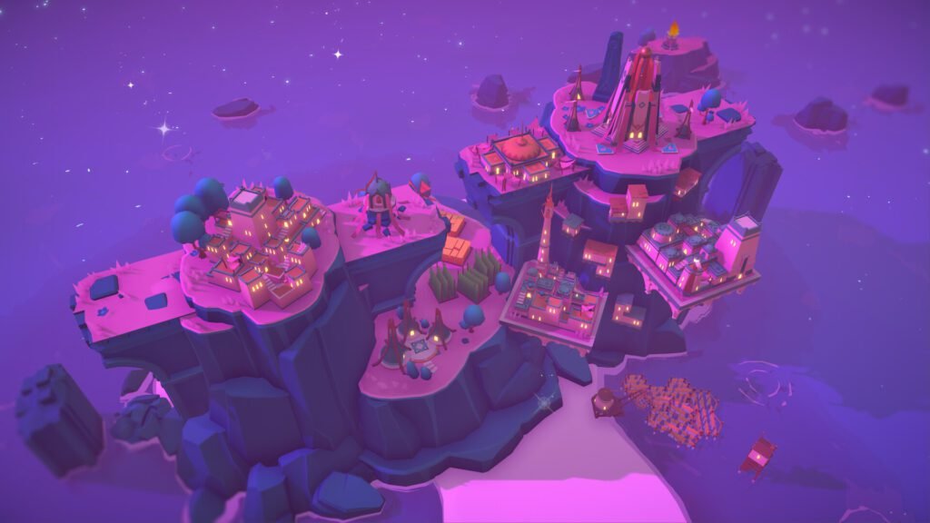 Stylized floating islands with colorful buildings in Islanders 2