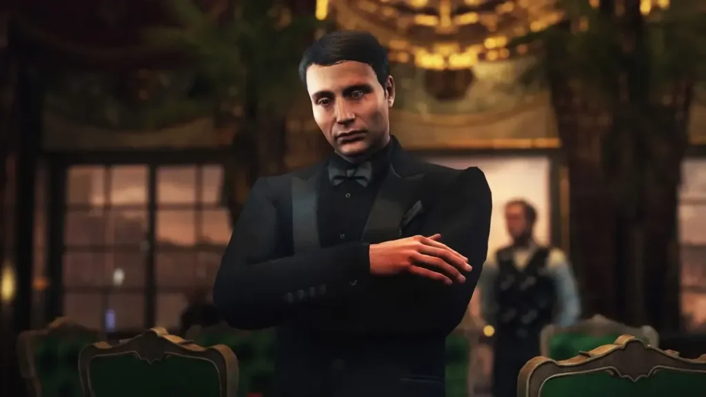 Le Chiffre stands confidently in a lavish casino environment