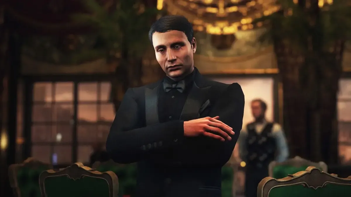 Le Chiffre stands confidently in a lavish casino environment
