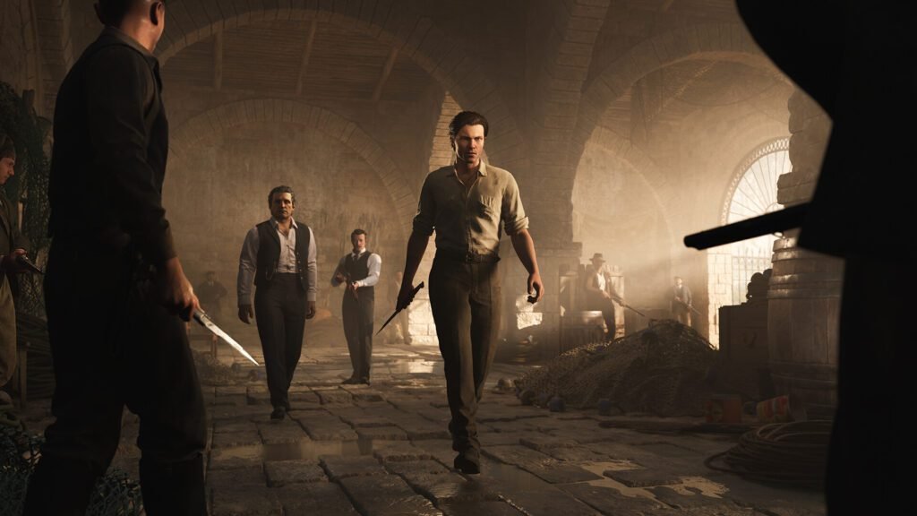 A tense standoff in a sunlit underground warehouse in Mafia: The Old Country