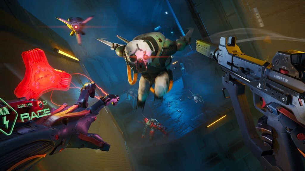 High-intensity FPS battle in Metal Eden featuring futuristic weapons and robotic enemies