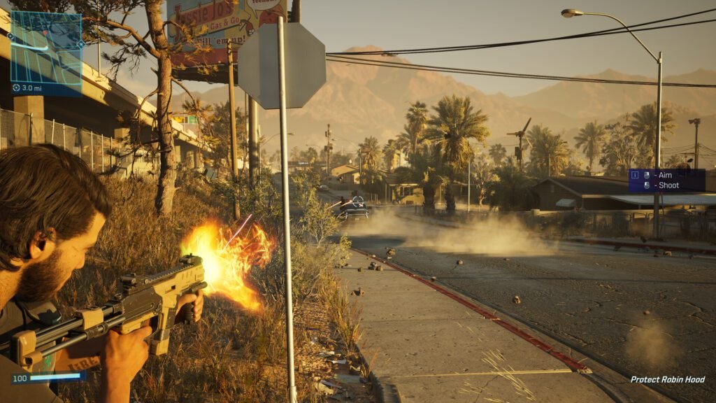 Gunfight in suburban desert town during sunset – MindsEye