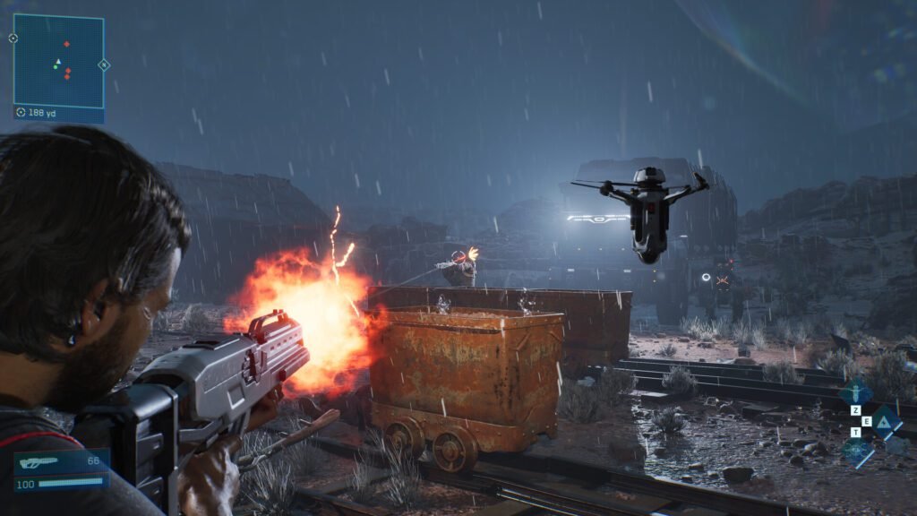 Player fires rifle in rainy desert combat in MindsEye