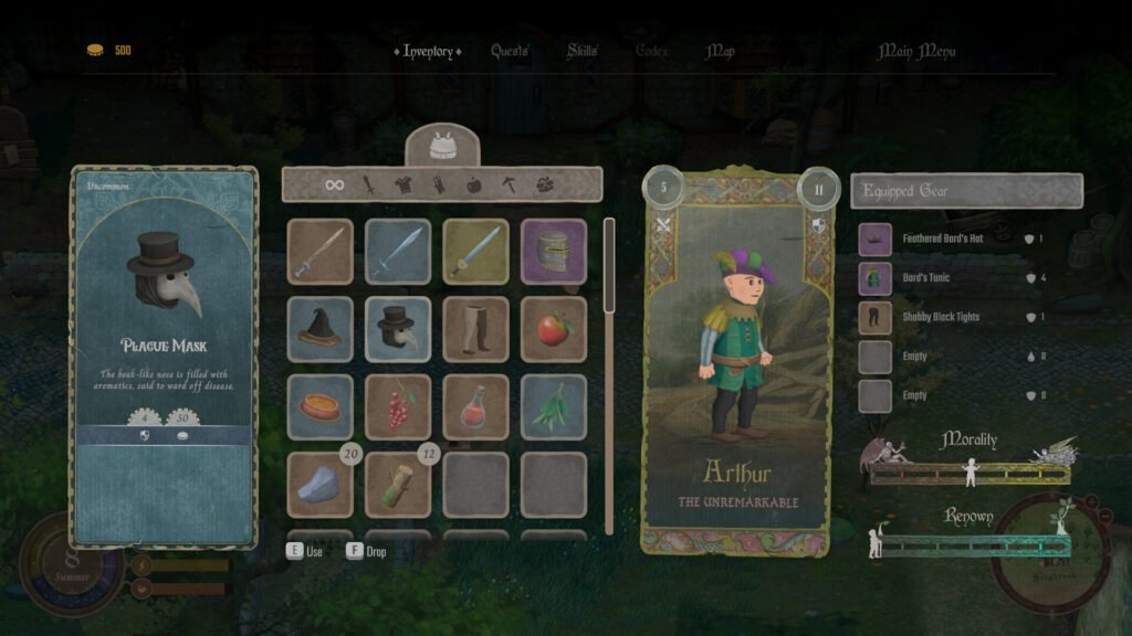 Character inventory screen showing gear and stats in Mirthwood