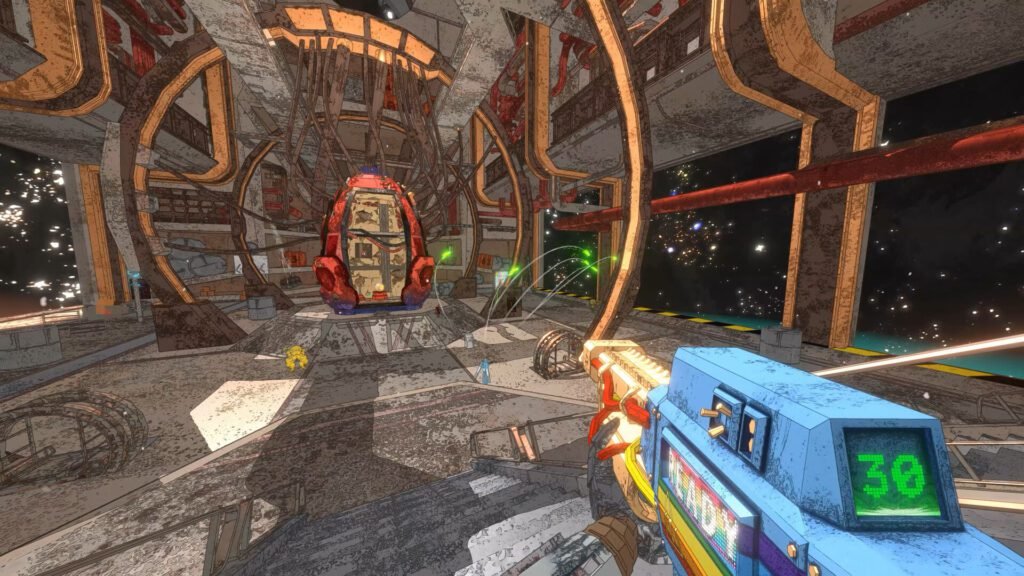 First-person shooter view inside a colorful, space-station-like environment in Mycopunk.