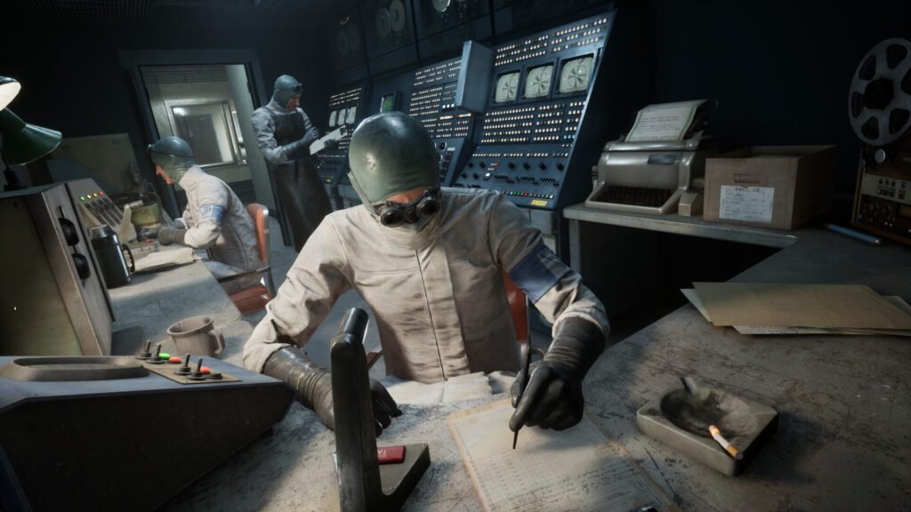 Subjects in hazmat suits working at retro control panels in a dimly lit lab setting from The Outlast Trials.