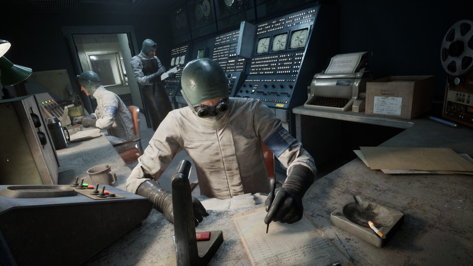 Subjects in hazmat suits working at retro control panels in a dimly lit lab setting from The Outlast Trials.