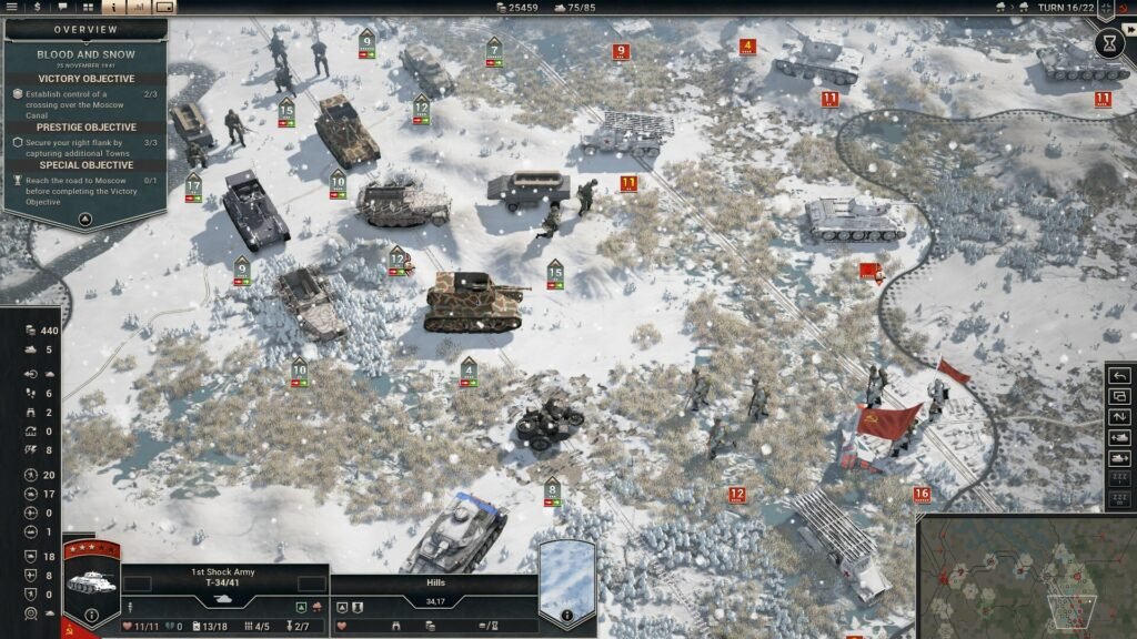 Tactical overview of a snowy battlefield in Panzer Corps 2