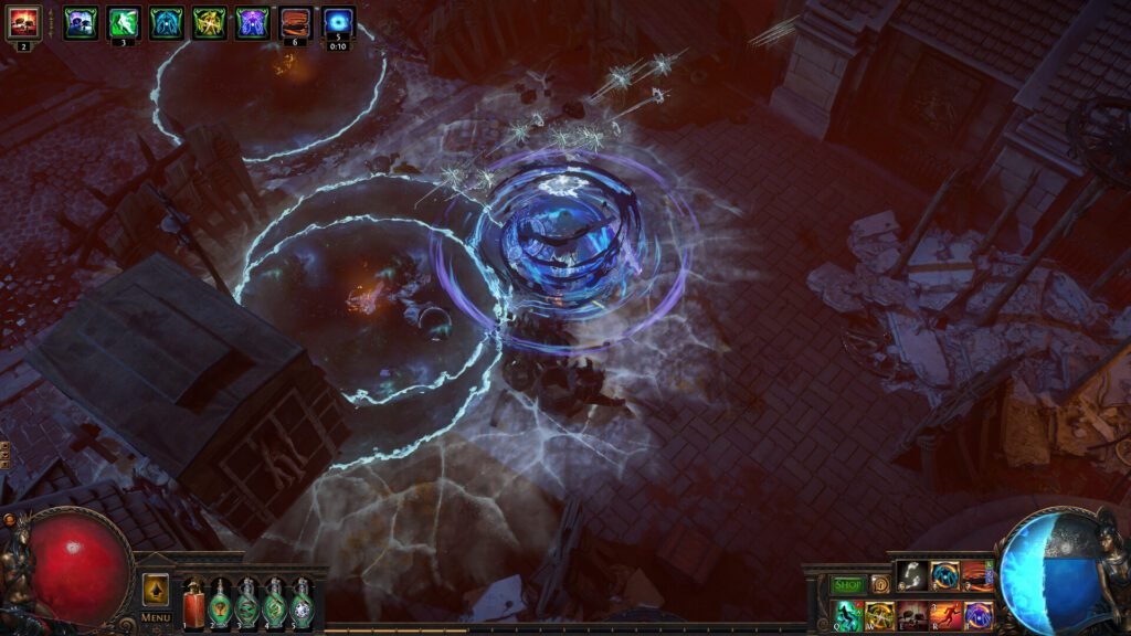 Spellcasting and combat effects in Path of Exile dungeon environment