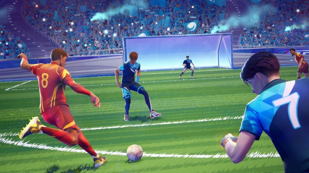 Stylized football match with a player preparing to shoot on goal in REMATCH