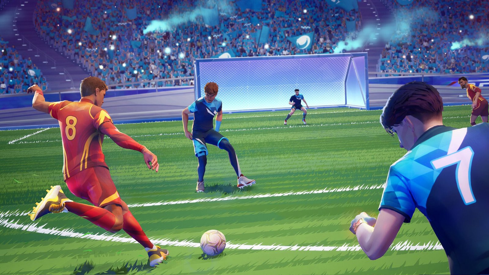 Stylized football match with a player preparing to shoot on goal in REMATCH