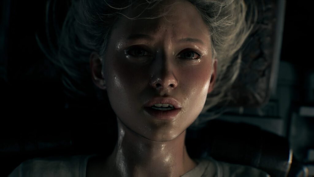 Close-up of a distressed woman in Resident Evil Requiem cutscene