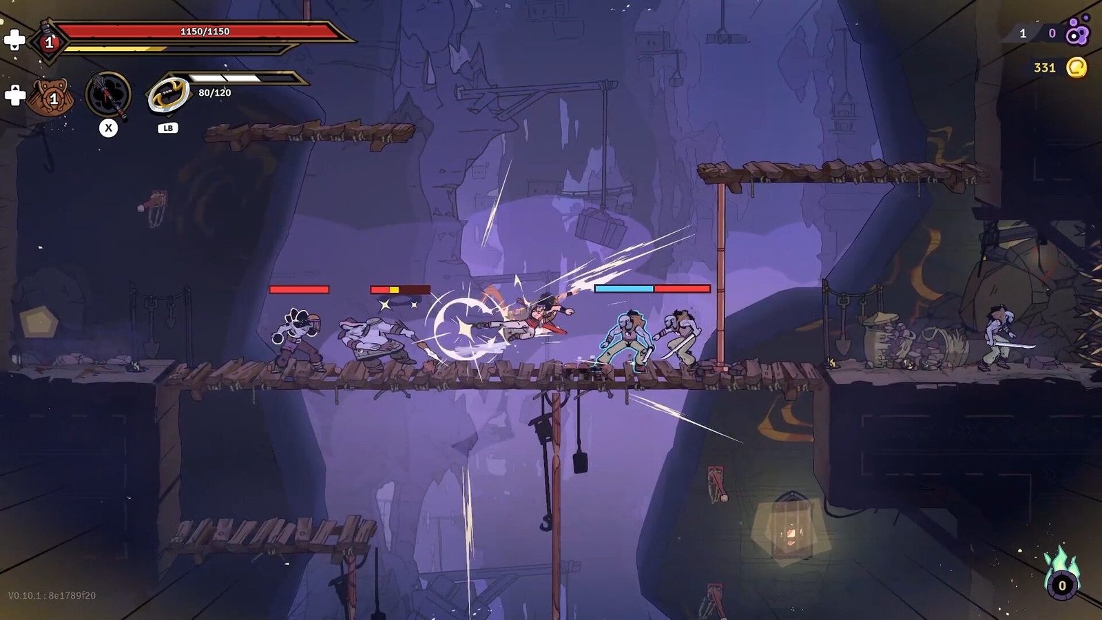 A fast-paced combat scene in The Rogue Prince of Persia with the protagonist dropkicking enemies on a wooden p