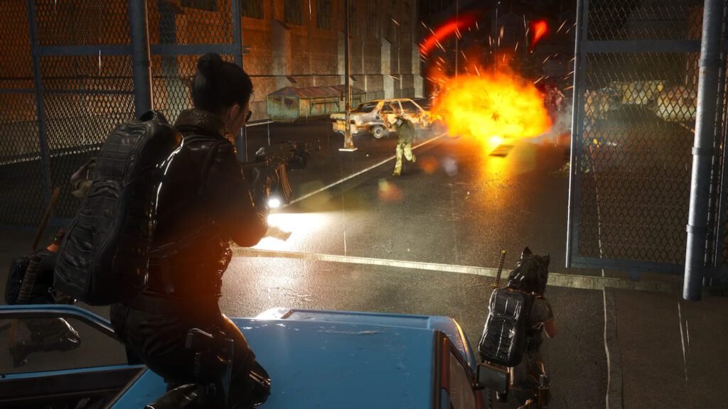Gunfight erupts at night in SCUM as players defend a street barricade