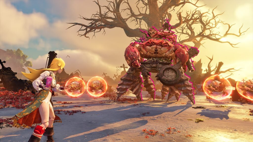 A golden-haired pirate faces off against a monstrous crab creature surrounded by glowing orbs