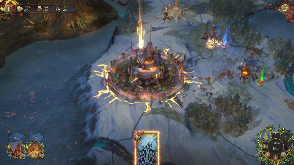 A glowing fortress surrounded by snowy terrain in Songs of Silence