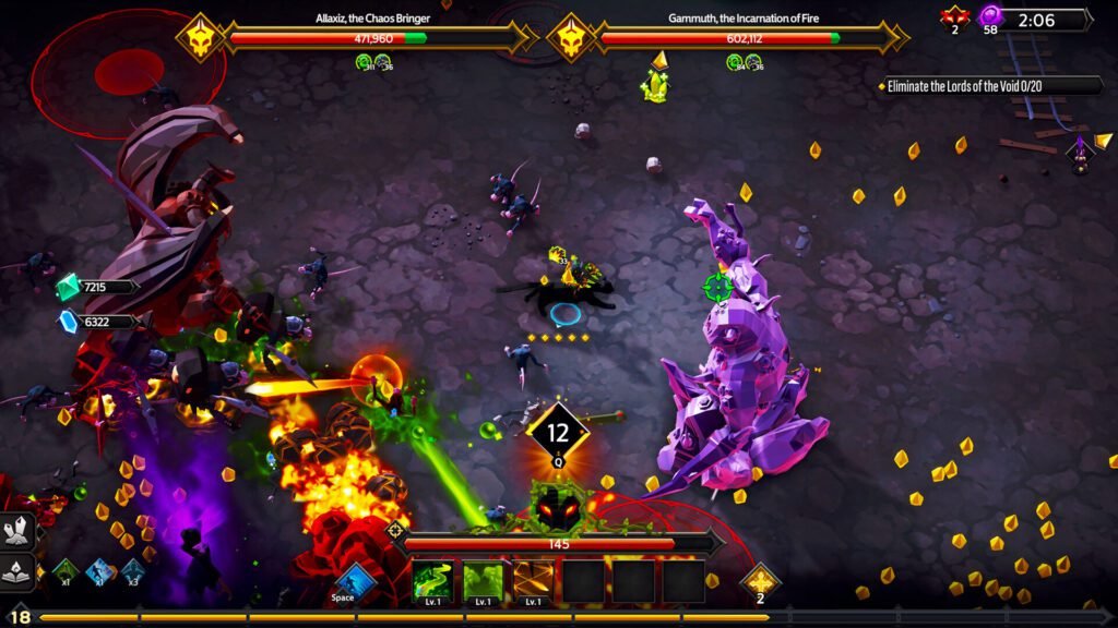 Boss battle chaos in Soulstone Survivors, featuring magic, fire, and loot