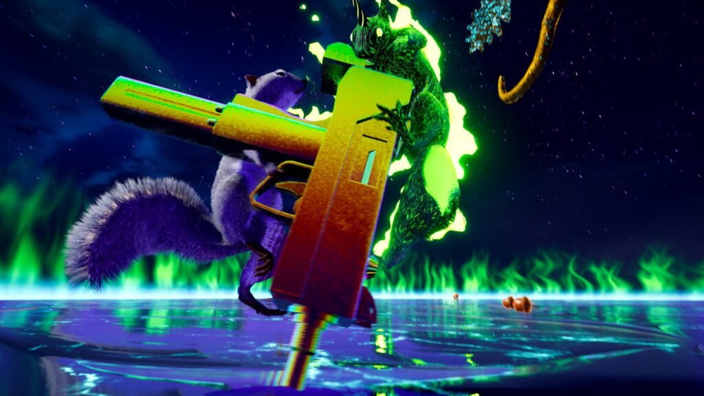 A squirrel wields a giant gun while battling a glowing enemy in a neon-lit environment