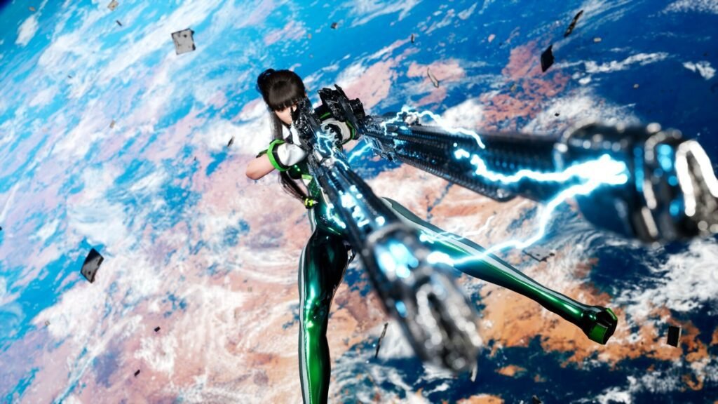 uturistic warrior firing dual electric weapons above Earth in Stellar Blade