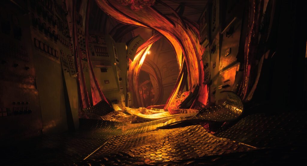 Twisted, fleshy corridor overtaking machinery in Still Wakes the Deep