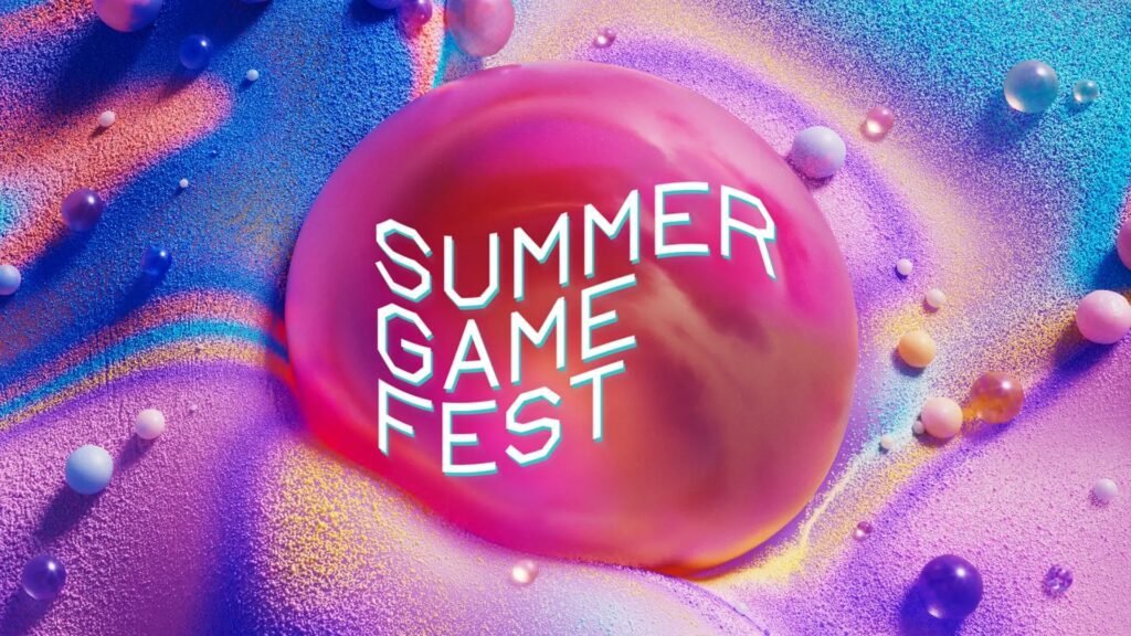 Colorful abstract background with a bold “Summer Game Fest” logo in the center