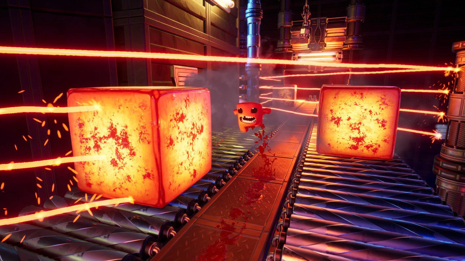 Super Meat Boy dodging hazards in a 3D platforming level