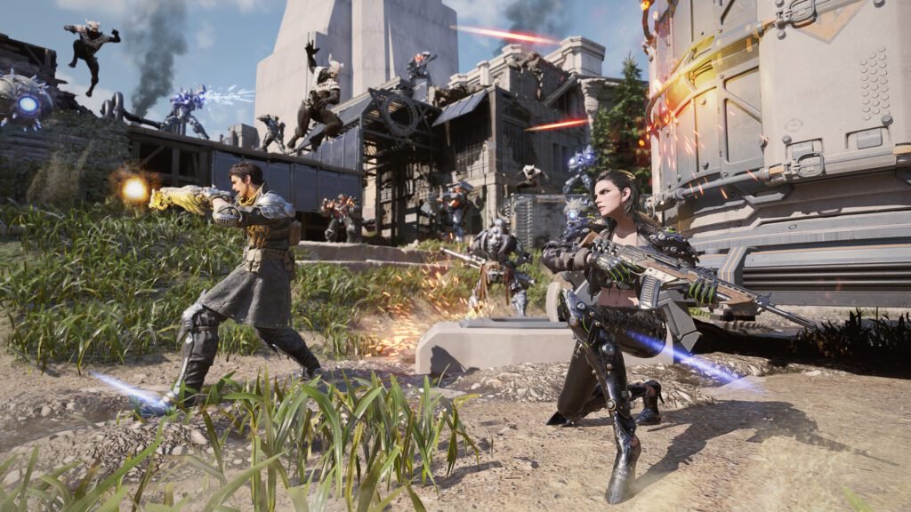The First Descendant characters battle hordes of mechanized enemies