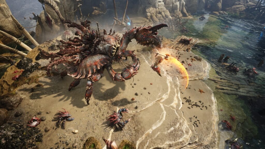 Warrior clashes with massive armored crab on a sunlit beach