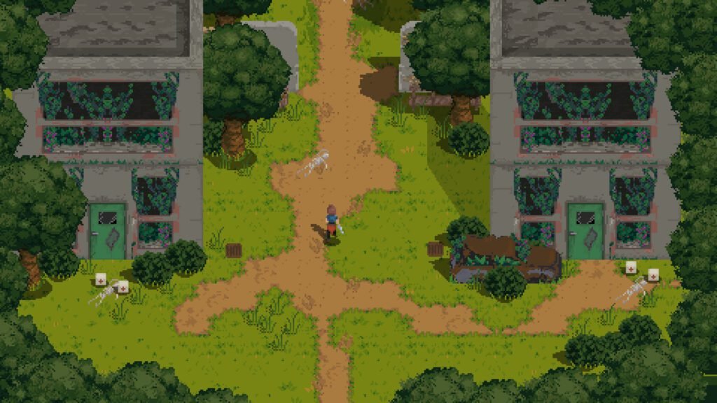 A pixel-art survivor walks between overgrown ruins in a lush forest