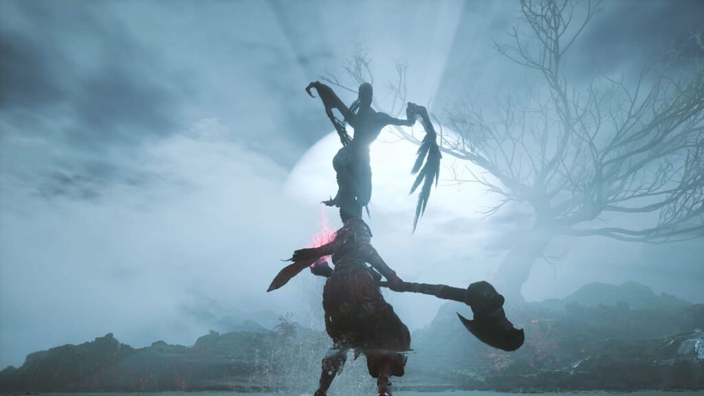 Shadowy figure rises in front of the moon as warrior stands ready