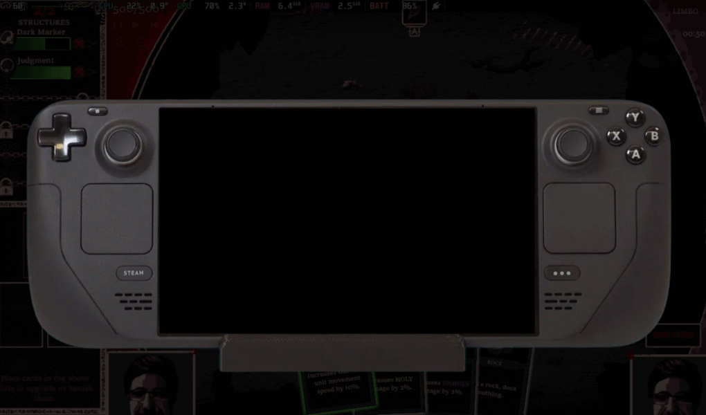 Steam Deck sitting in a docking station with a blank display.