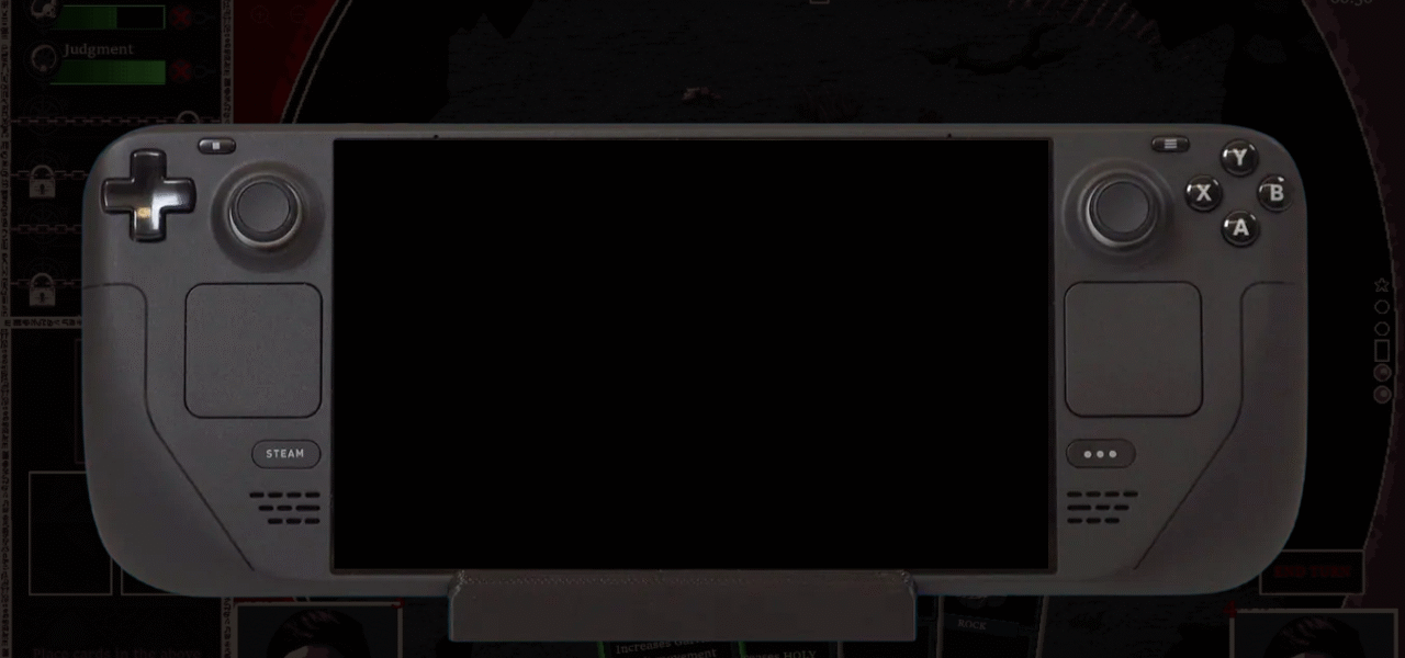 Steam Deck sitting in a docking station with a blank display.