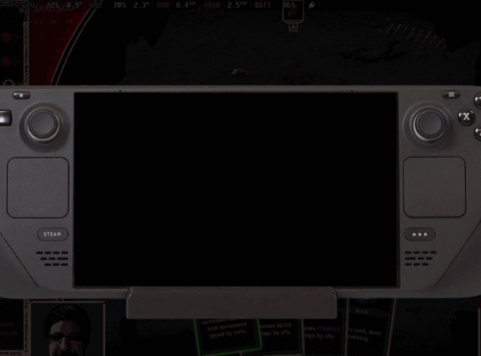 Steam Deck sitting in a docking station with a blank display.