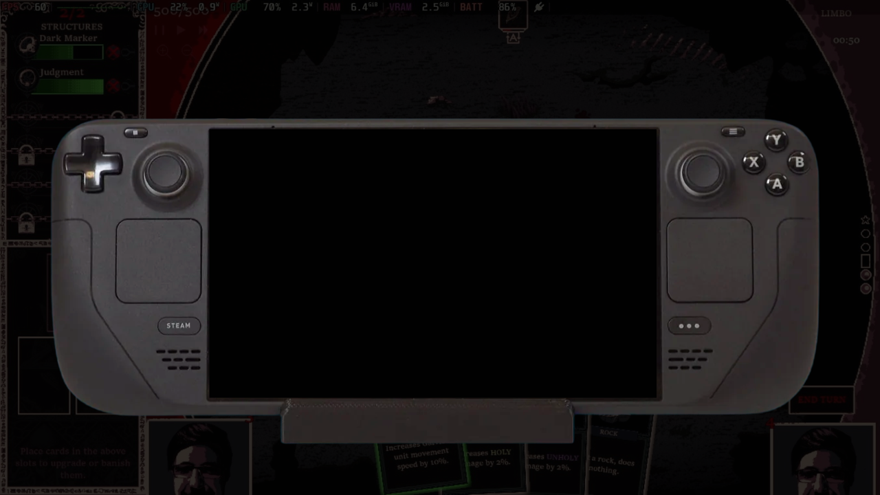 Steam Deck sitting in a docking station with a blank display.