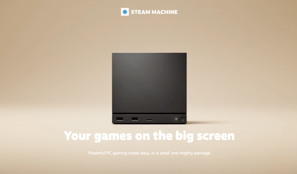 Steam Machine shown front-facing on a neutral background with ports visible.