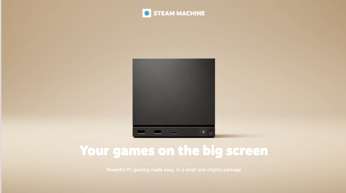 Steam Machine shown front-facing on a neutral background with ports visible.