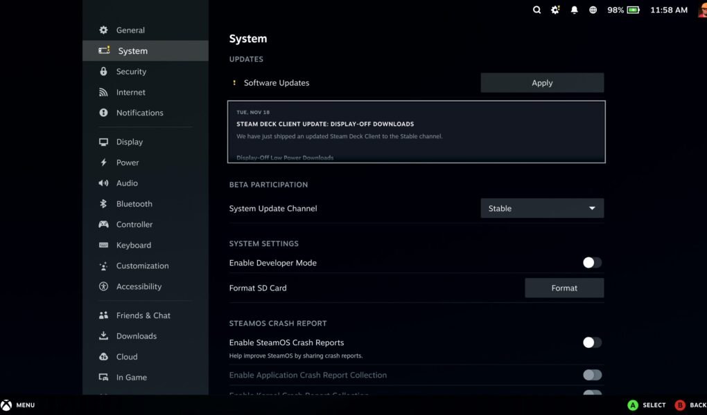 Steam Deck system settings screen showing a pending software update with the Apply button highlighted.