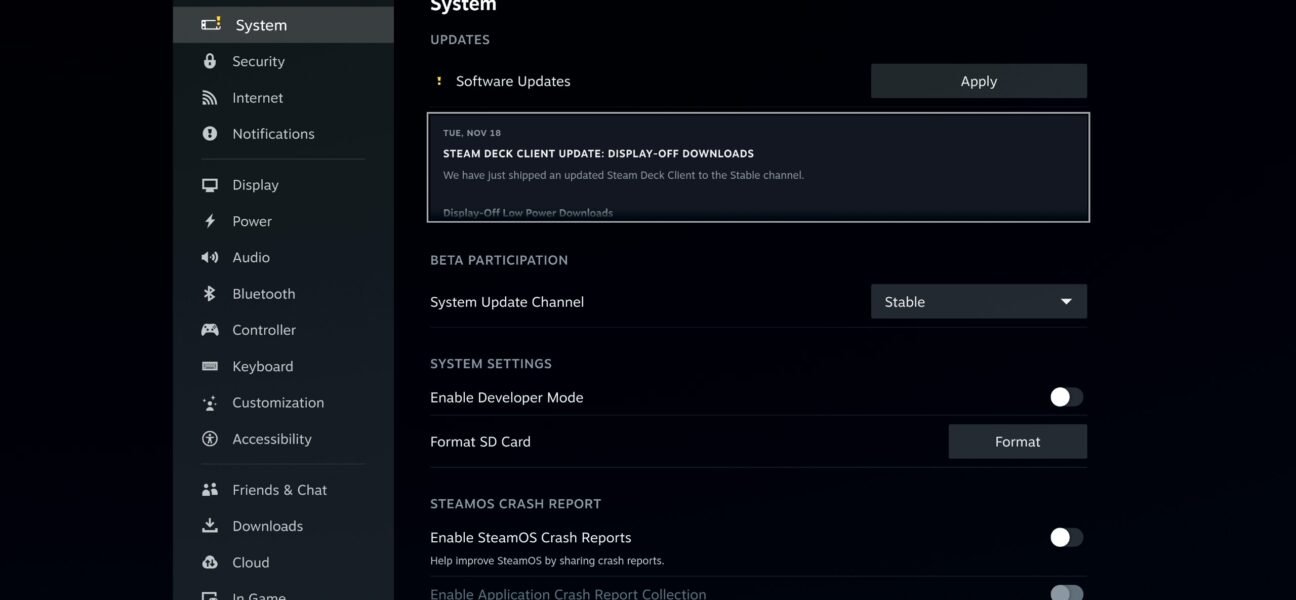 Steam Deck system settings screen showing a pending software update with the Apply button highlighted.