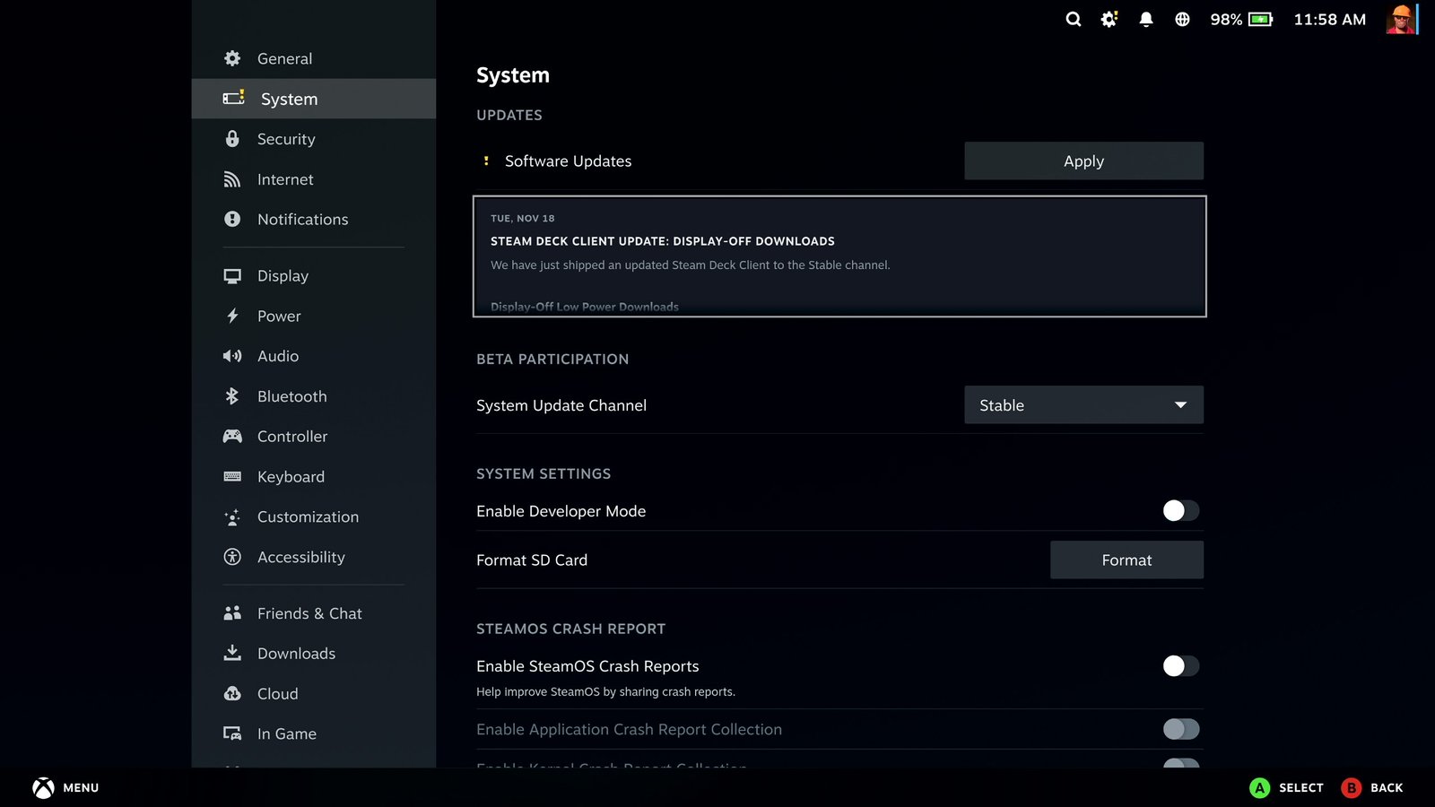 Steam Deck system settings screen showing a pending software update with the Apply button highlighted.