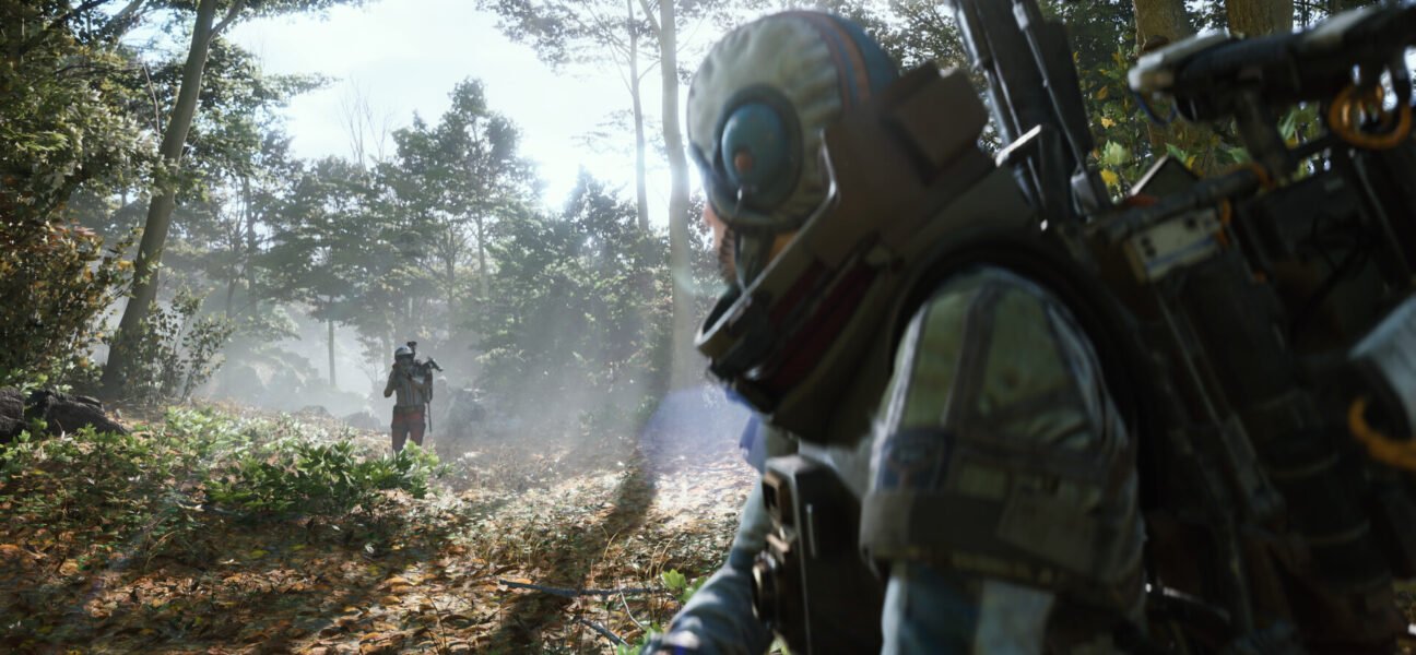 ARC Raiders character moving through a dense forest environment with another player in the distance.