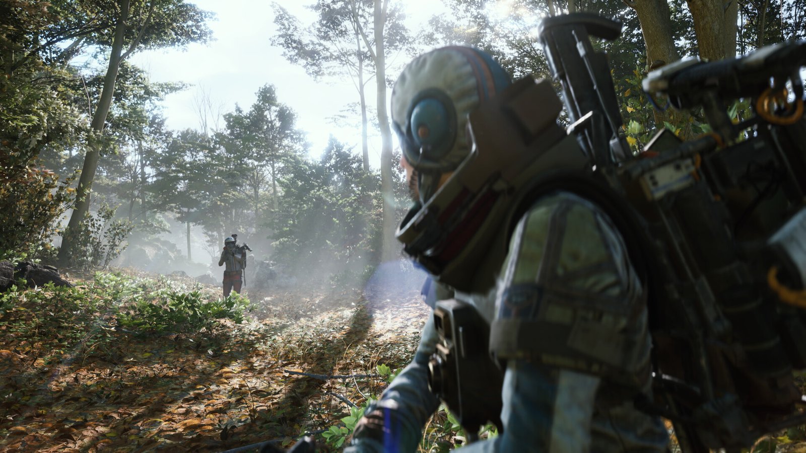 ARC Raiders character moving through a dense forest environment with another player in the distance.