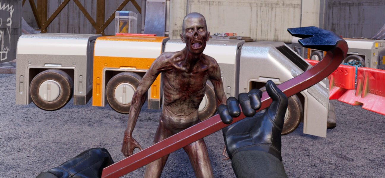 First person view holding a crowbar while facing a zombie-like enemy in Beyond Sandbox.
