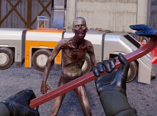 First person view holding a crowbar while facing a zombie-like enemy in Beyond Sandbox.