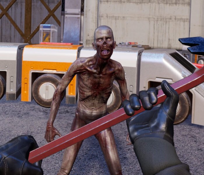 First person view holding a crowbar while facing a zombie-like enemy in Beyond Sandbox.