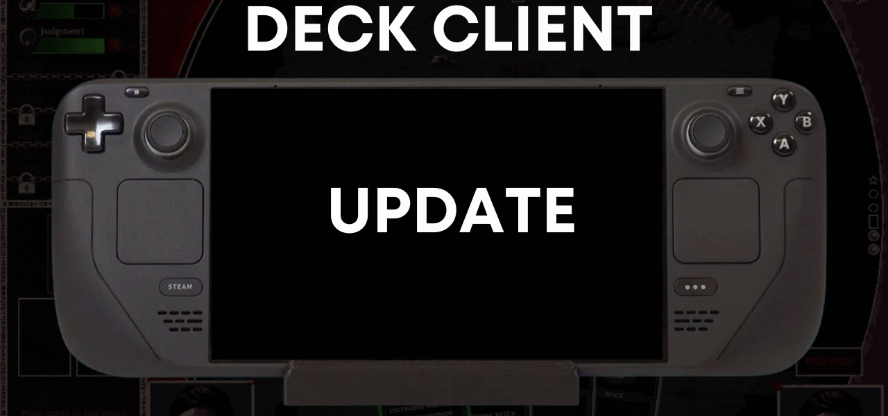 Steam Deck handheld with a black centre screen showing the words Deck Client Update.