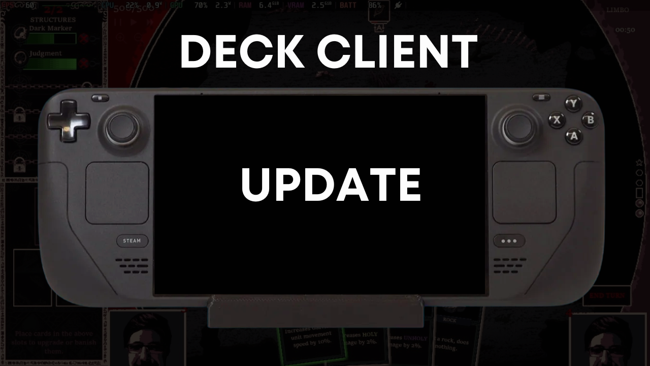 Steam Deck handheld with a black centre screen showing the words Deck Client Update.
