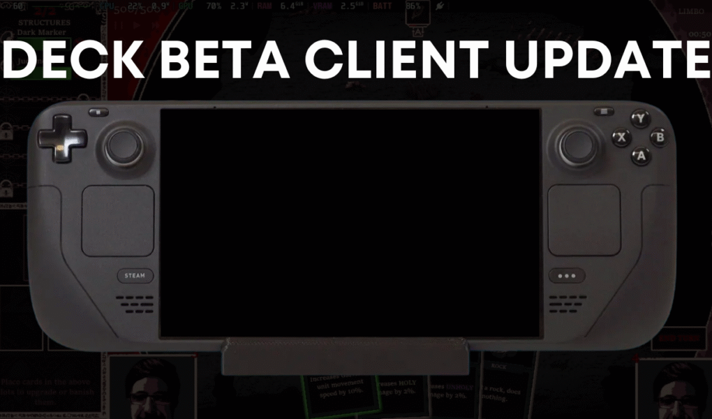 Steam Deck handheld console with a blank central display and the title “Deck Beta Client Update” above it.
