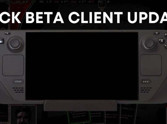 Steam Deck handheld console with a blank central display and the title “Deck Beta Client Update” above it.
