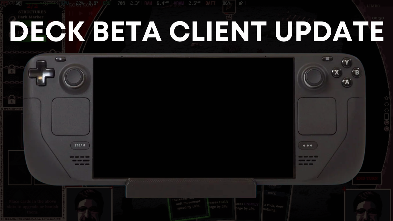 Steam Deck handheld console with a blank central display and the title “Deck Beta Client Update” above it.